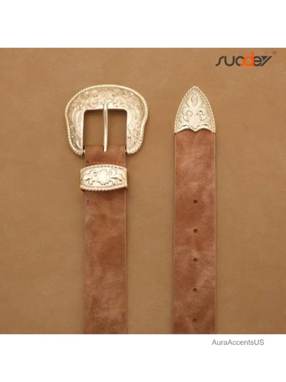 Vintage Faux Leather Western Belt with Floral Big Buckle for Women Cowgirl